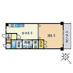 クラウン5津福 1DKの間取図画像