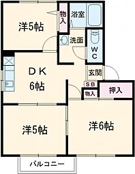 ラフォーンヴィラ C棟 2階3DKの間取り