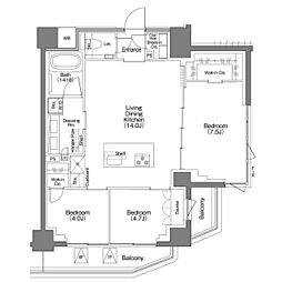 ザ・パークハビオＳＯＨＯ祐天寺 7階3LDKの間取り