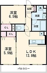 ベルフォーレ御所南 3階2LDKの間取り