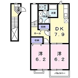 ジュネス清水 2階2DKの間取り