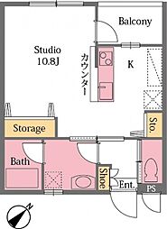 エステシア 2階ワンルームの間取り