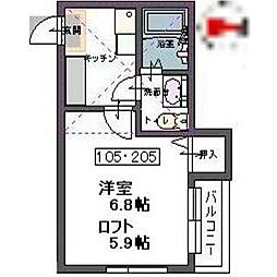 カミエール・東照宮 2階1Kの間取り