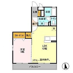 アヴェニール志津　A 2階1LDKの間取り