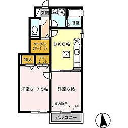サンライズヒルズ　B棟 1階2DKの間取り