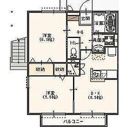 リュミエールD棟 2階2DKの間取り