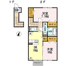 アクアグレイス 2階2DKの間取り