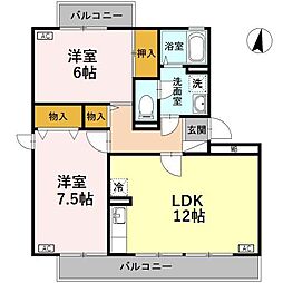 ロイヤルガーデン堀之内D 2LDKの間取図画像