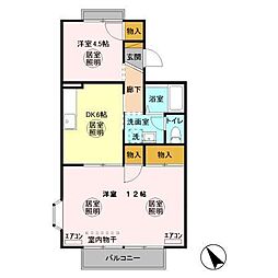 クレスト陽光台　C棟 1階2DKの間取り