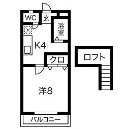 サンハイツサノックスB棟 1階1Kの間取り