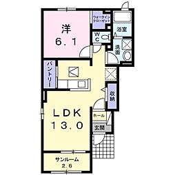 プランタンB弐番館 1LDKの間取図画像
