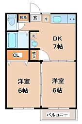 ノーブルカーサ堀内 1階2DKの間取り