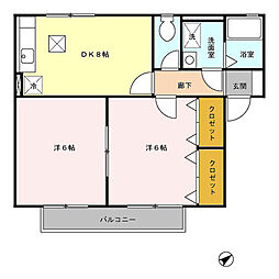 Ｃｒｅｓｅｎｔ Ｔｓｕｂａｍｅ　Ａ 1階2DKの間取り