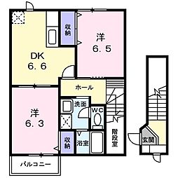 プリムヴェール 2階2DKの間取り