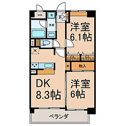 サンシティ名西通 2階2DKの間取り