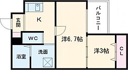 ジーイーシス 2階2Kの間取り