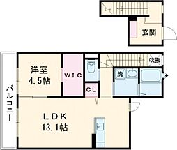 熊本県菊池市赤星の賃貸アパート 2階1LDKの間取り