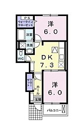 カーサ神立　Ｃ 1階2DKの間取り