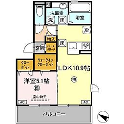 オーヴィラージュII 1階1LDKの間取り