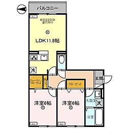 JR桜井線 帯解駅 徒歩23分の賃貸アパート 3階2LDKの間取り