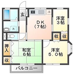 サニーハイツ草木 West 2階3DKの間取り