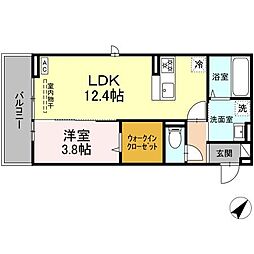 ディアライズ久米中央 2階1LDKの間取り