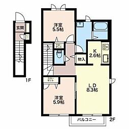 ディアス　カーム 2階2LDKの間取り