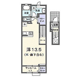ヴィアアルスI 2階ワンルームの間取り
