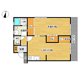 竹松ハイツ 3階1LDKの間取り