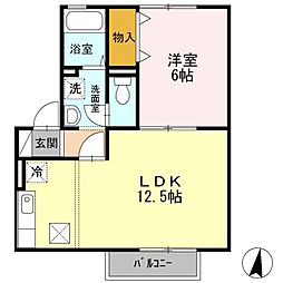 メルベーユ富の原　A棟 1階1LDKの間取り