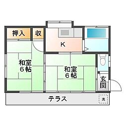 路川住宅 1階2Kの間取り