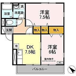 コゥジィーコート 2階2DKの間取り