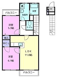 JR紀勢本線 黒江駅 徒歩11分の賃貸アパート 2階2LDKの間取り