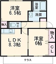 和み　B棟 1階2DKの間取り