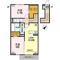 JR両毛線 駒形駅 徒歩25分の賃貸アパート 2階2LDKの間取り