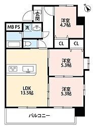 新屋敷ピアッツァビル 4階3LDKの間取り