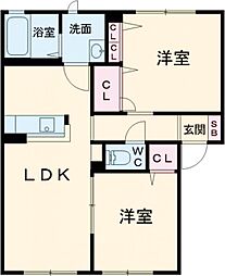 リブエールカーサ 1階2LDKの間取り