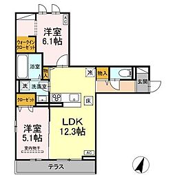 セレスティア大和町 1階2LDKの間取り