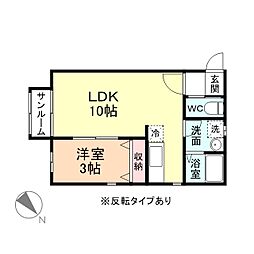 ＧＲＥＥＮ　ＧＡＢＬＥＳ　Ａ棟 2階1LDKの間取り