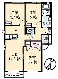ディアーナＨＩＲＯ　Ｄ棟 2階3LDKの間取り