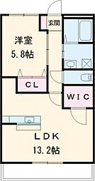 ブロードタウン神野II　Ｂ棟 2階1LDKの間取り