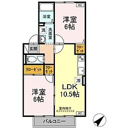 ヴィラ西福原　B棟 2階2LDKの間取り