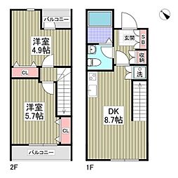 アンジュエールC 1階2DKの間取り