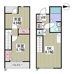 アンジュエールB 1階2DKの間取り