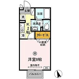 ゼフィールD 2階1Kの間取り