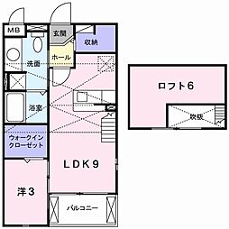 ソレイユ 2階1LDKの間取り