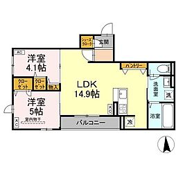 ＤーＲＯＯＭ荒井1丁目 3階2LDKの間取り