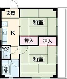 サンライズマンション 2階2Kの間取り