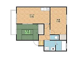 タウンハイツやました 1階2DKの間取り