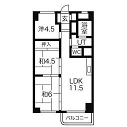 平岸ハイツ第一 4階3LDKの間取り